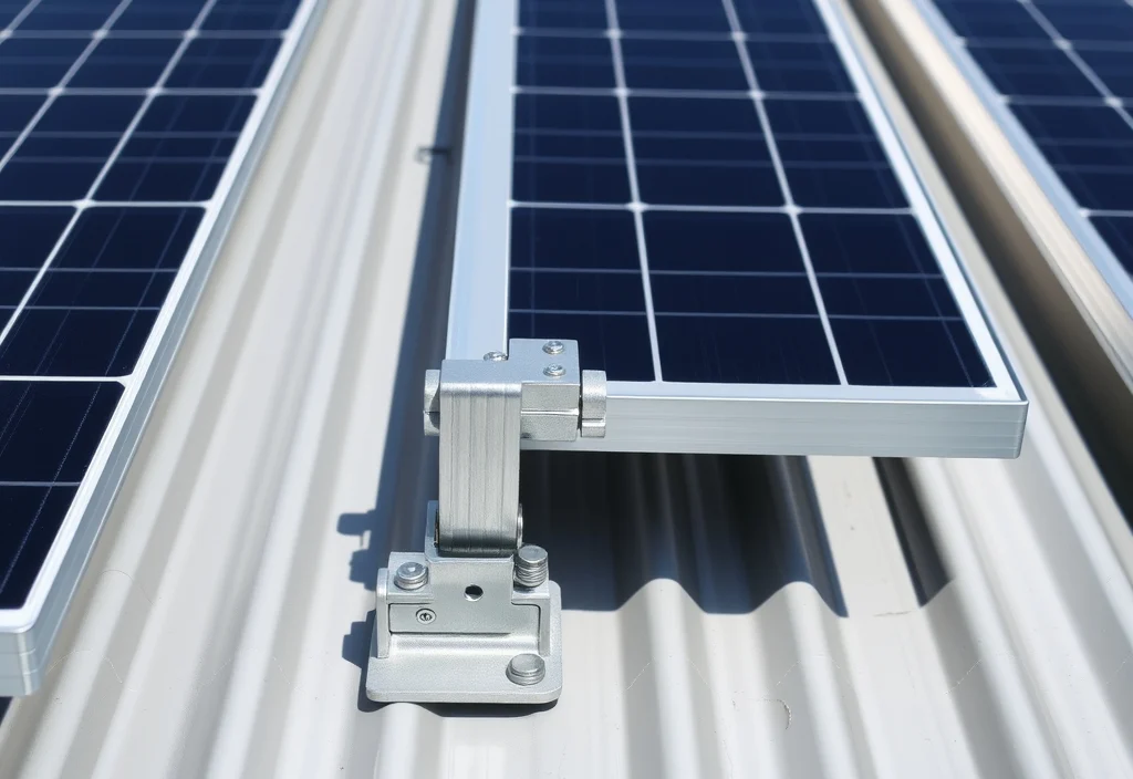 Solar panel racking and mounting on a metal roof Close-up of solar panel mounting rails and clamps on a corrugated metal roof