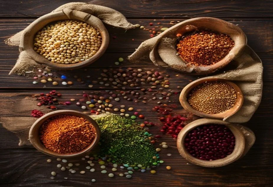 Colourful spices lentils and dried beans in bowls on a wooden surface