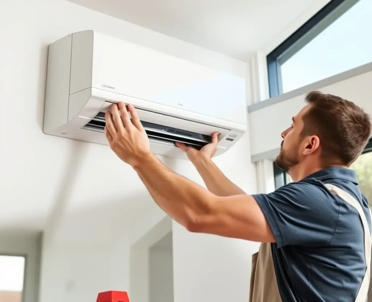 Split system installation: mounting the indoor unit Air conditioning technician mounting an indoor split system unit on a wall bracket