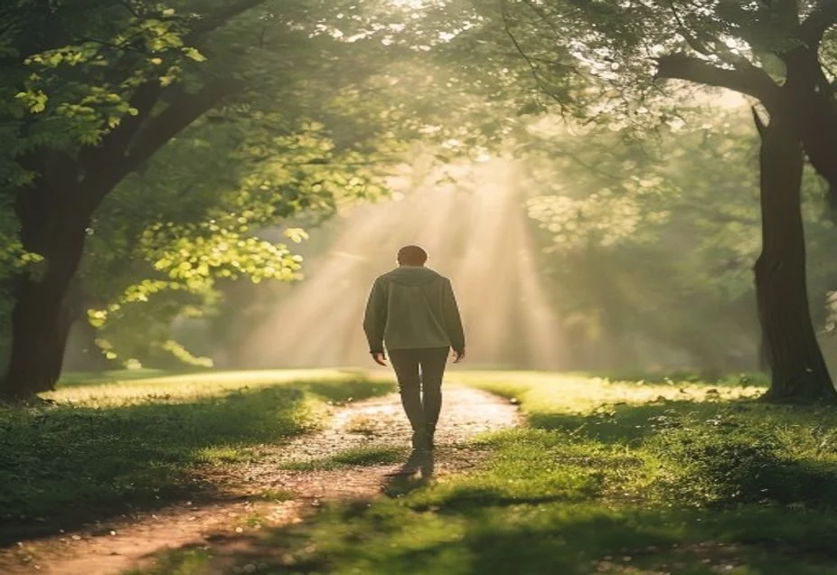 A person walking along a sunlit path in a green park, seen from behind