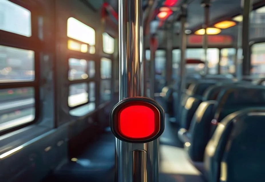 A red stop request button on a pole inside an Australian bus