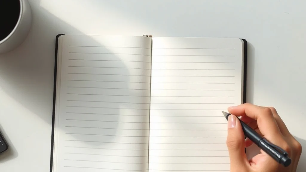 A clean open blank ruled notebook with a pen
