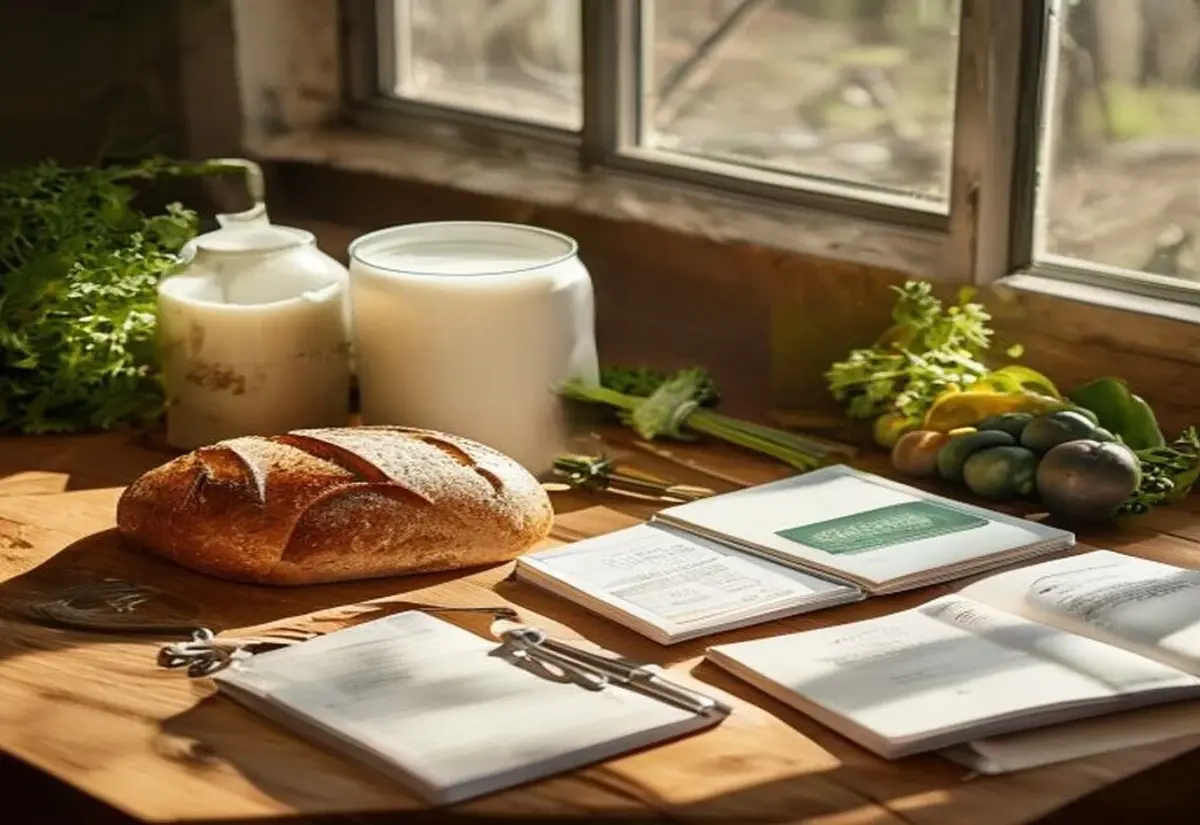 Bread, milk, vegetables, keys, a transport card holder and textbooks laid out on a timber table