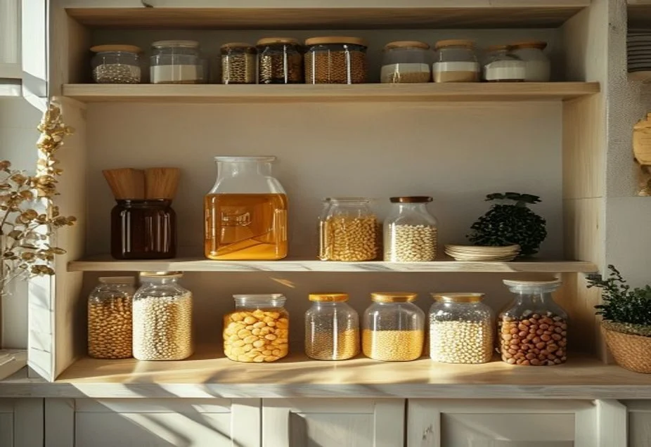 A pantry shelf with jars of rice pasta lentils and dried beans