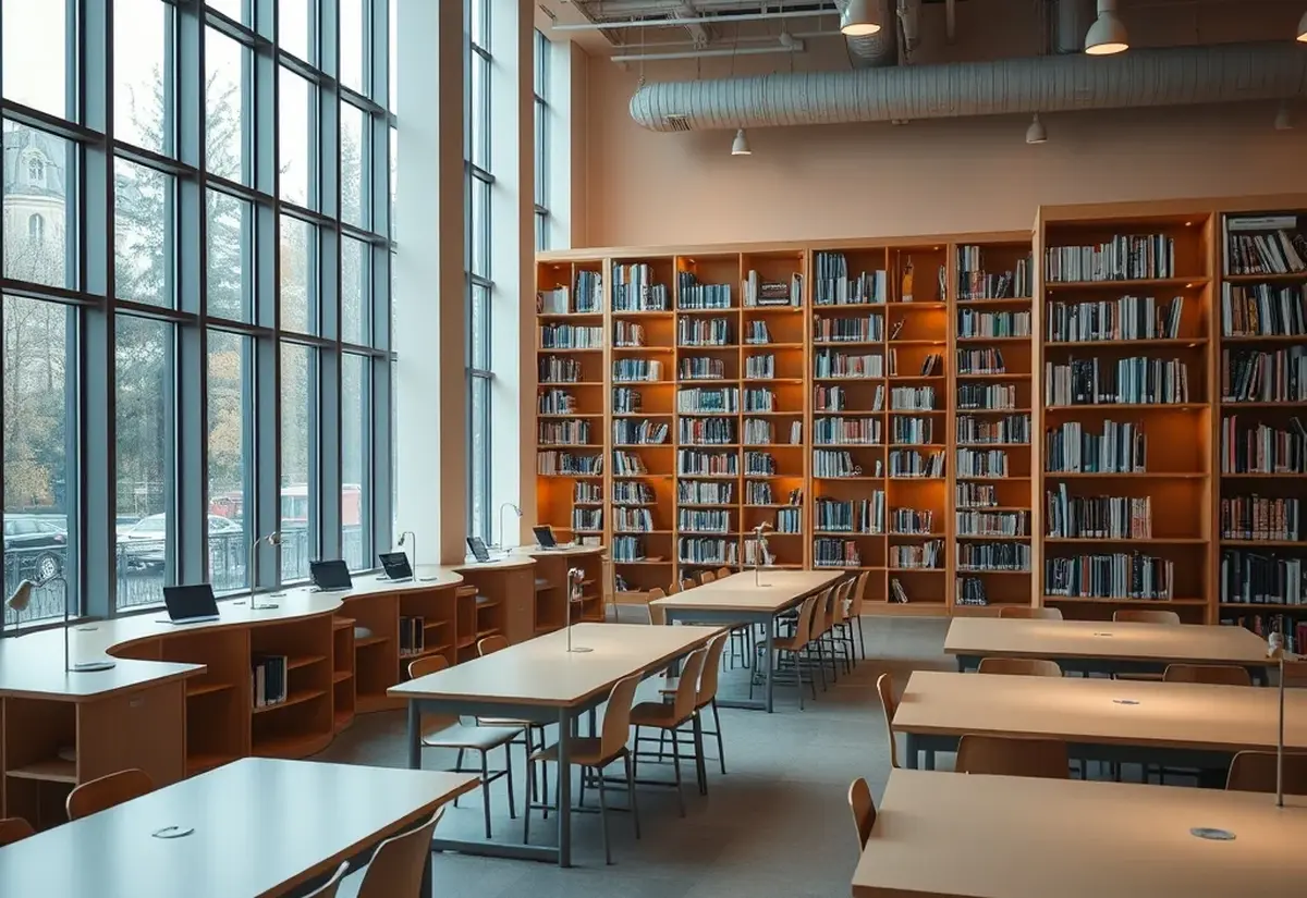 Student support matters A modern university library with study desks and bookshelves