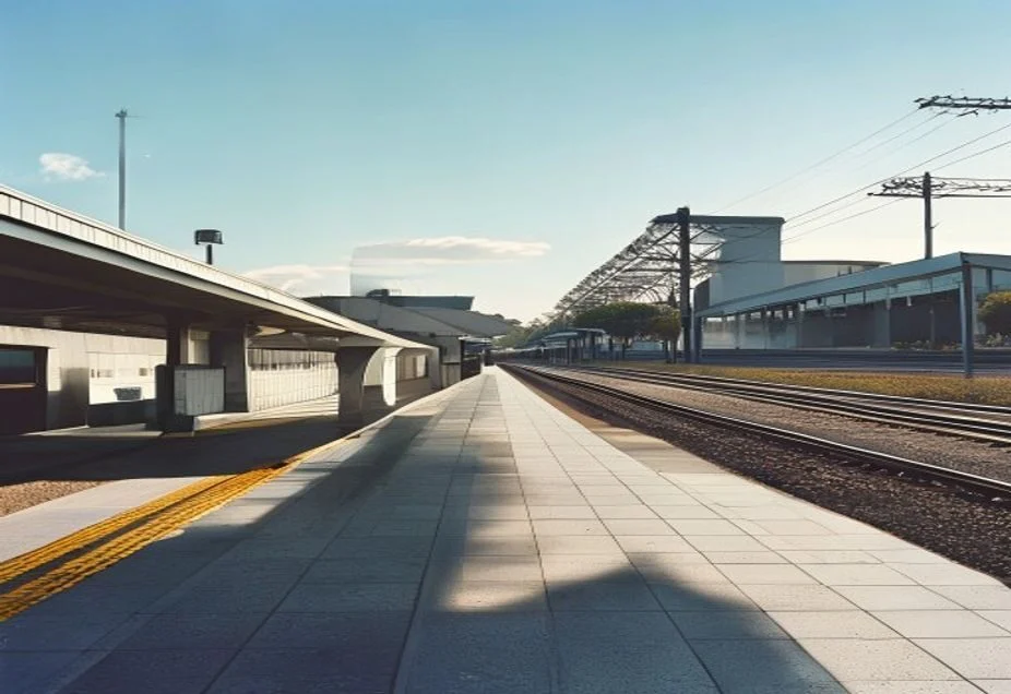 A suburban train station platform in Australia on a sunny morning