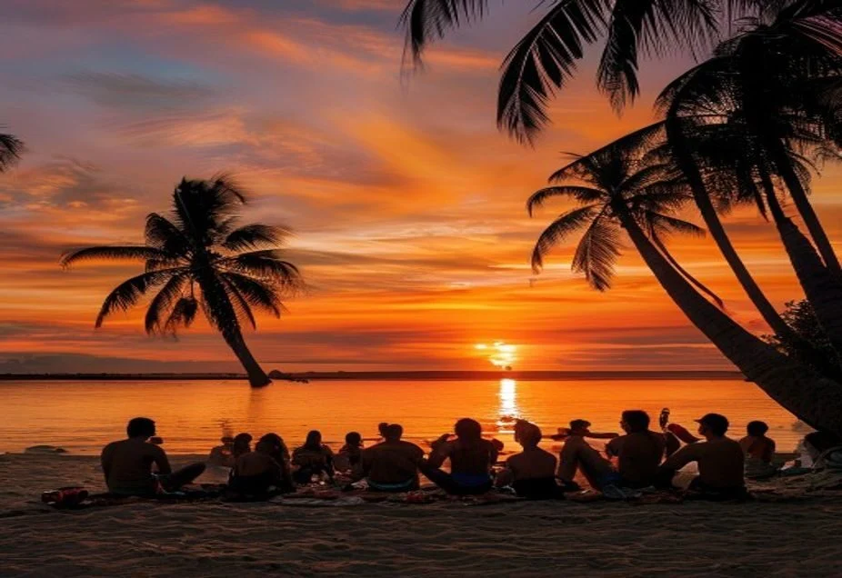 People eating on the beach at sunset at Mindil Beach in Darwin