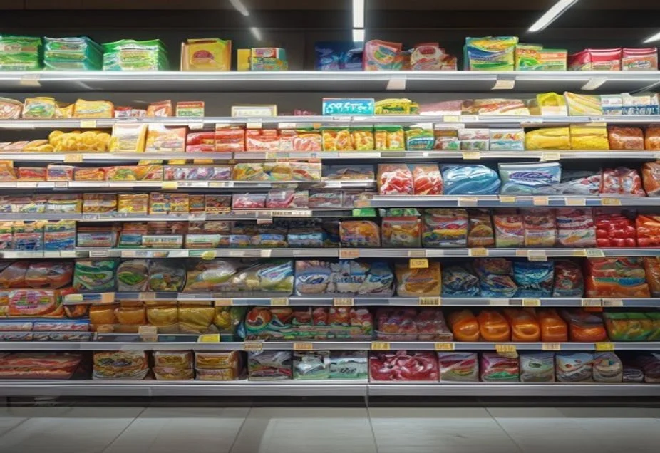 A supermarket shelf of colourful packaged groceries
