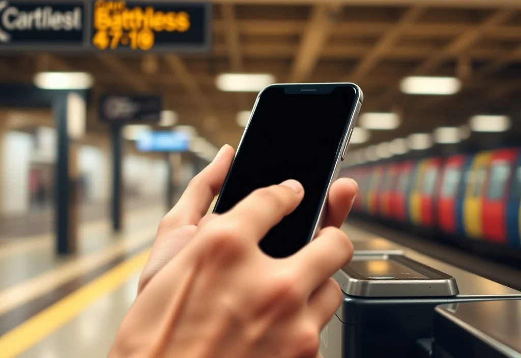 A hand tapping a smartphone on a station fare reader to pay