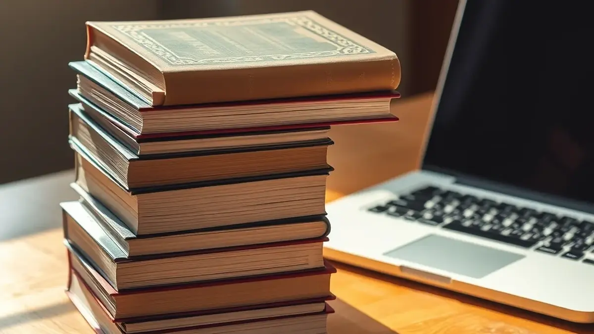 Textbooks and materials A stack of books beside a laptop on a desk