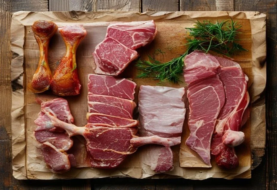 A selection of raw meat cuts for slow cooking arranged on a wooden board
