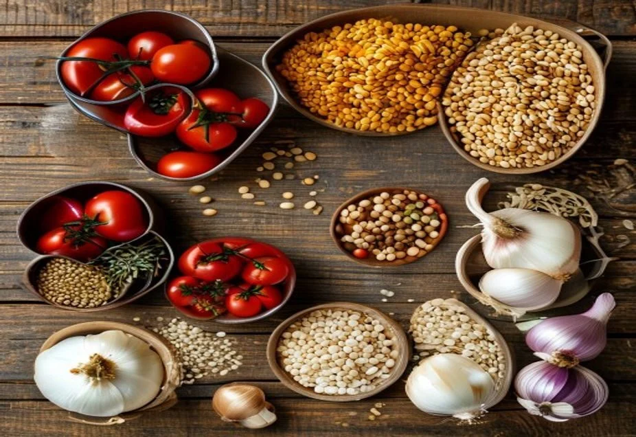 Pantry staples of tomatoes, grains, pulses, onions and garlic in bowls