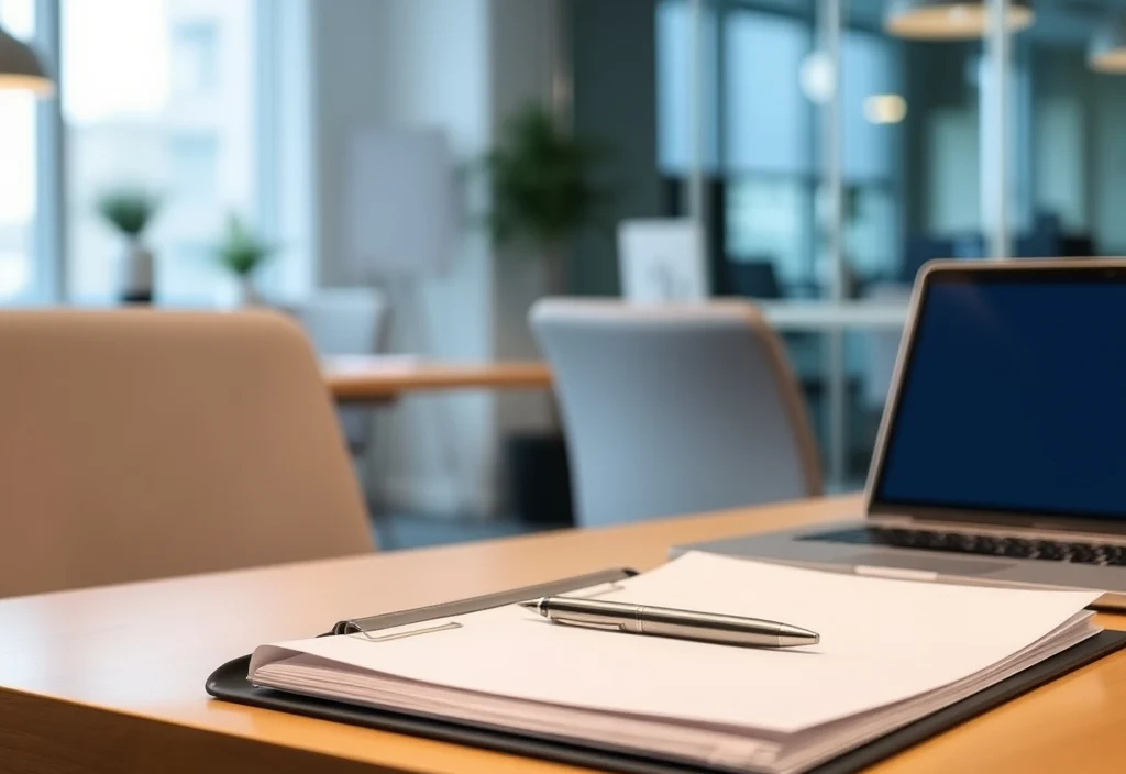 A document folder, pen and laptop on a desk