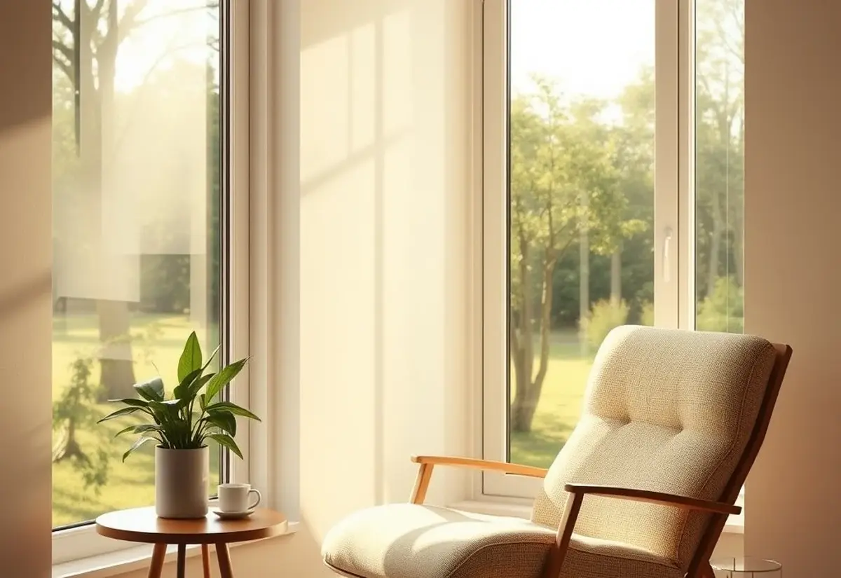 A comfortable sunlit lounge chair beside a large window
