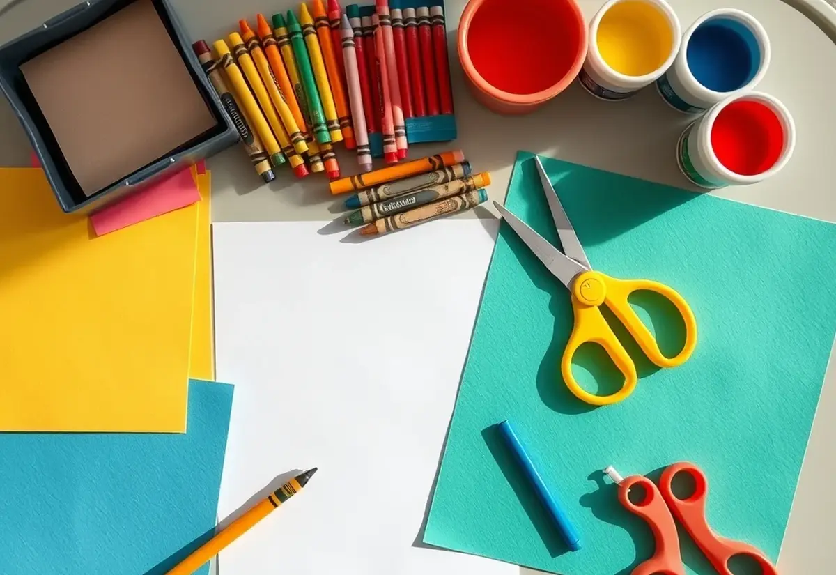Children craft materials, crayons and coloured paper on a table