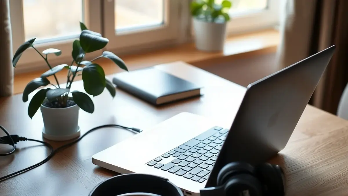 The reality of online study A tidy home desk with a laptop and headphones near a window