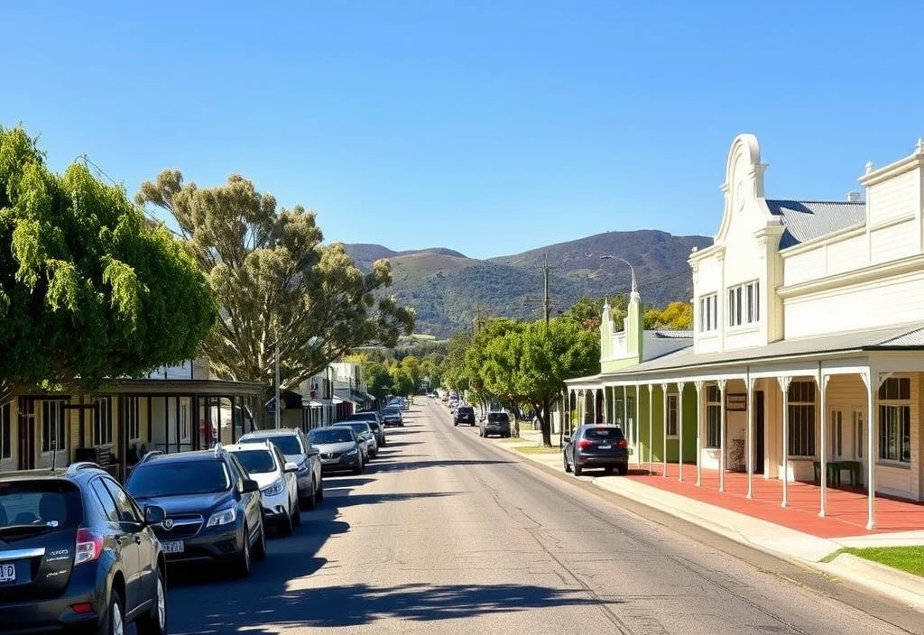 A quiet regional Australian main street on a sunny afternoon