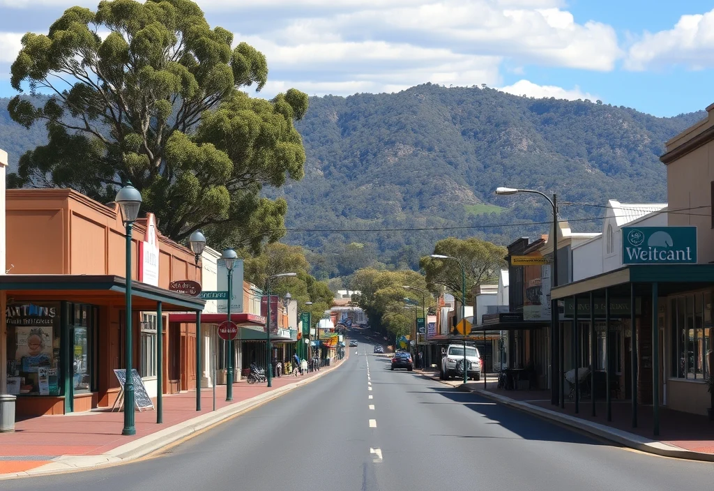 A quiet regional Australian town main street on a sunny day