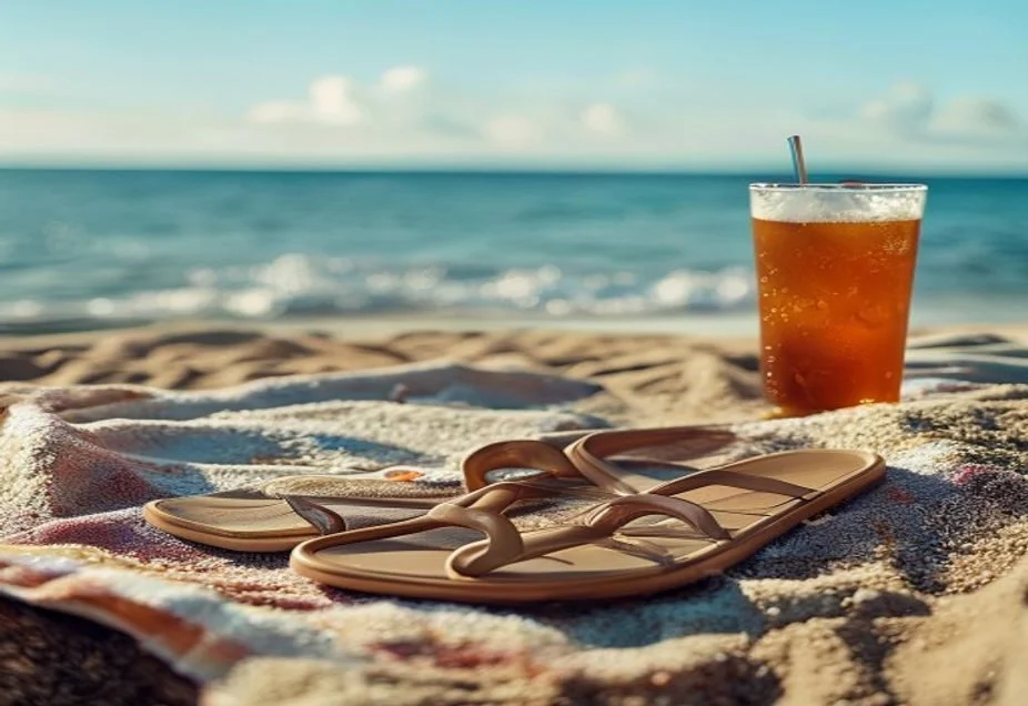 A pair of rubber flip-flop sandals on a beach towel on the sand at an Australian beach