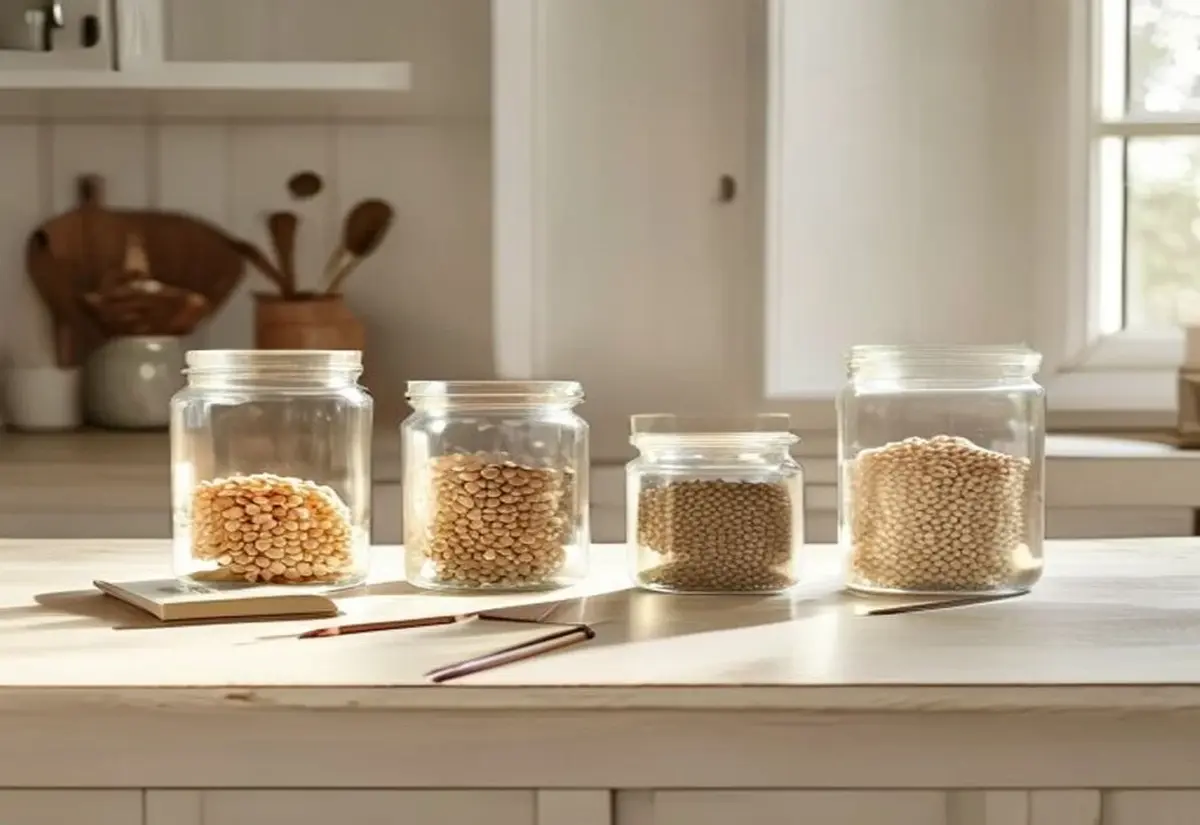 Glass jars filled to different levels on a kitchen bench beside pencils