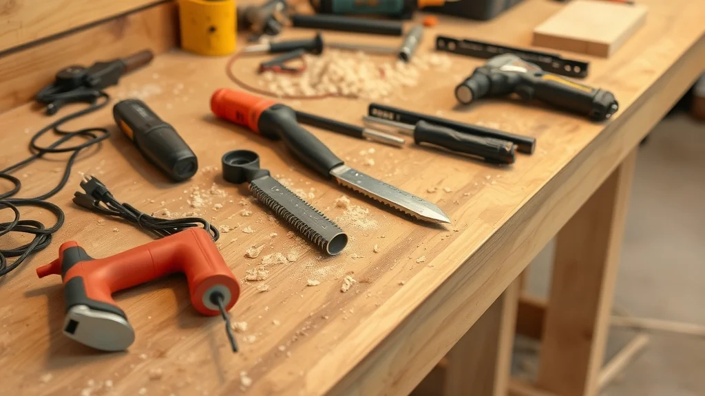 Carpentry and electrical hand tools arranged on a workbench