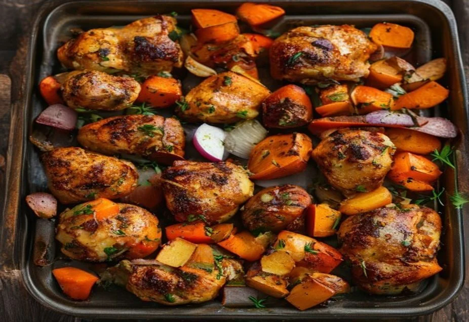 A baking tray of roasted chicken pieces with potatoes carrots and pumpkin