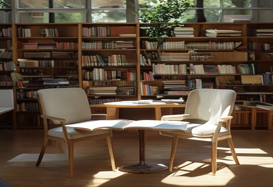 Empty tutoring table with textbooks in an Australian library study room