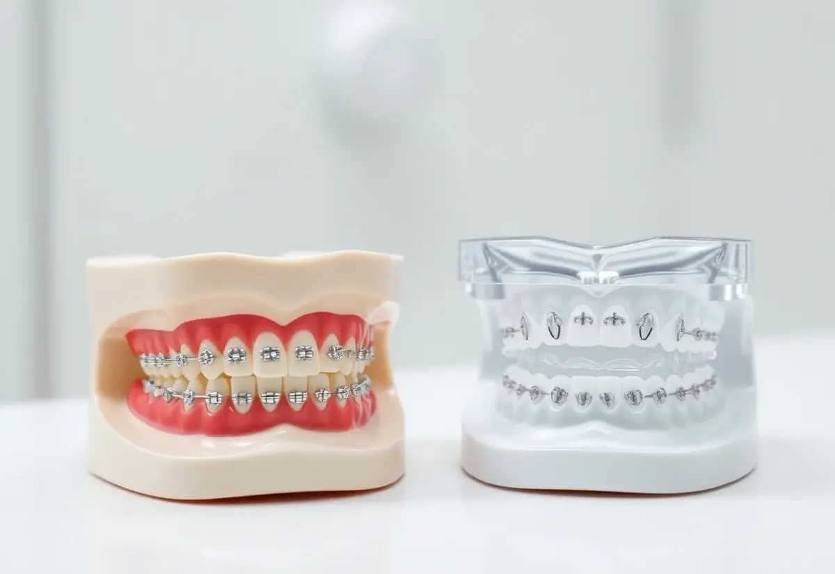 Dental models showing metal braces and ceramic braces side by side