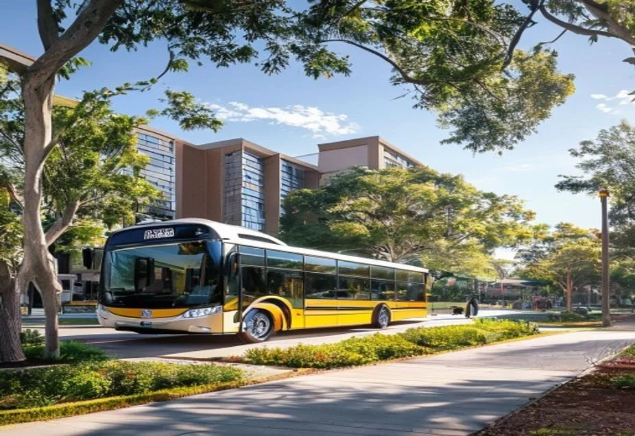 A university campus shuttle bus outside a modern Australian university building