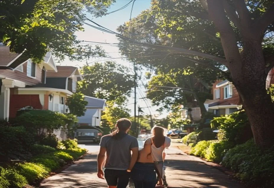 A couple walking down a leafy residential street viewing an Australian suburb