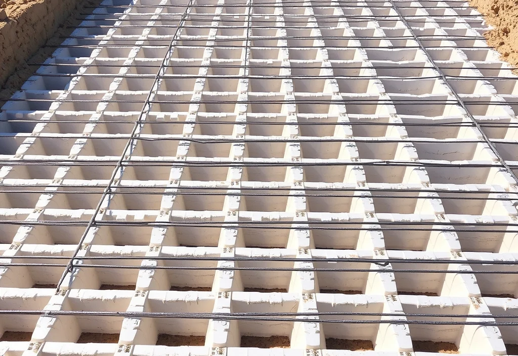 Waffle pod slab preparation with polystyrene pods and steel reinforcement before pouring