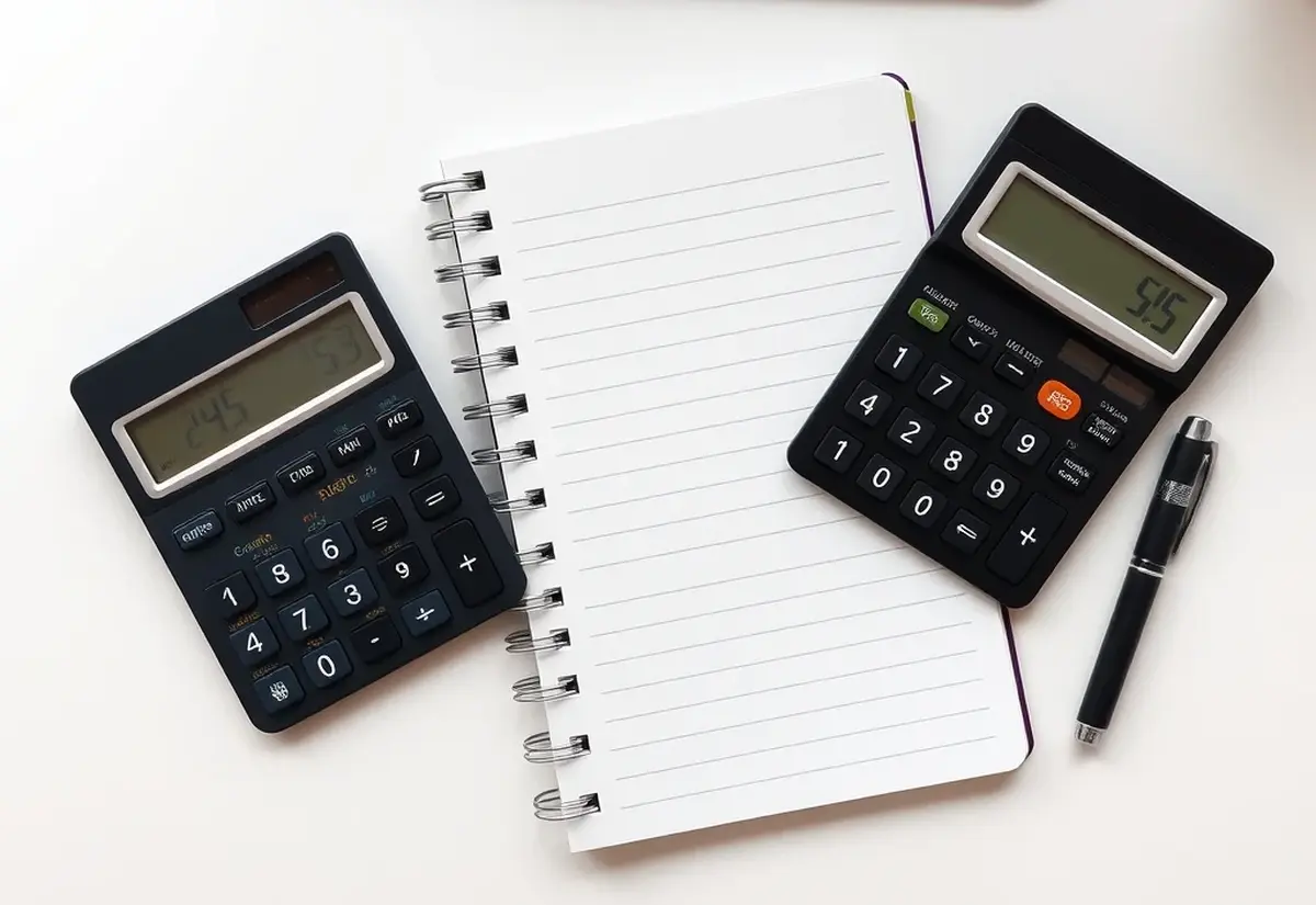 A calculator, notebook and coins on a desk