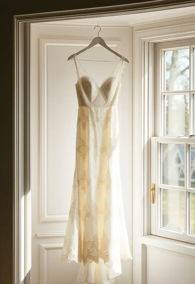 Wedding dress hanging by a window before an Australian wedding