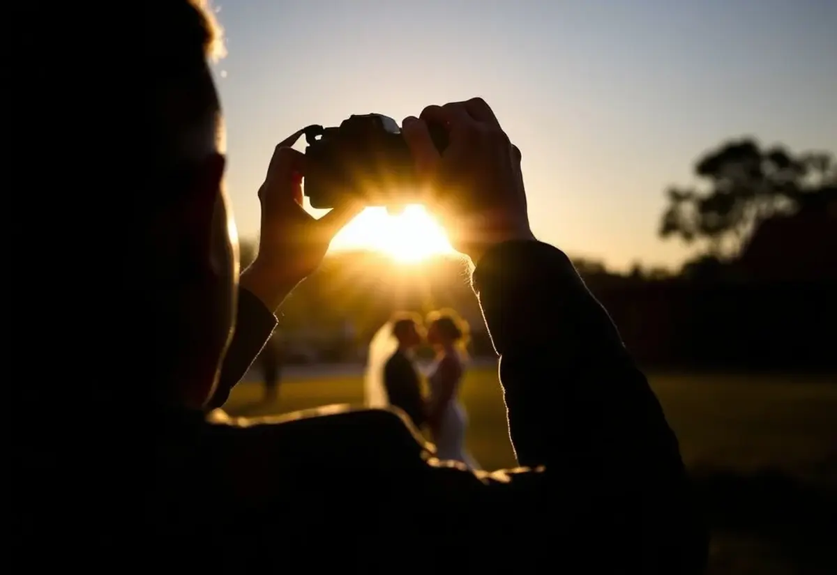 Wedding photographer silhouetted at golden hour photographing a couple at an Australian wedding