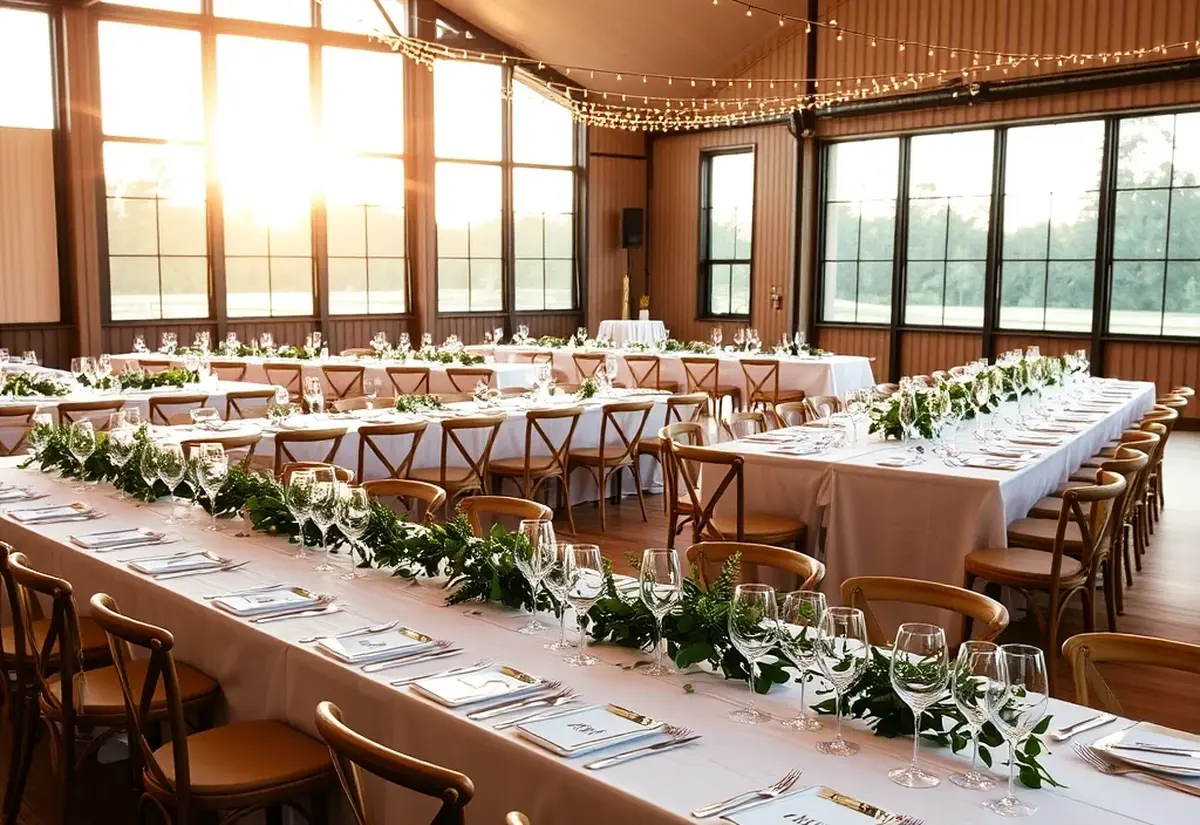 Australian wedding reception venue set up for dinner with string lighting