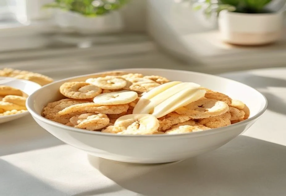A bowl of breakfast cereal topped with sliced banana