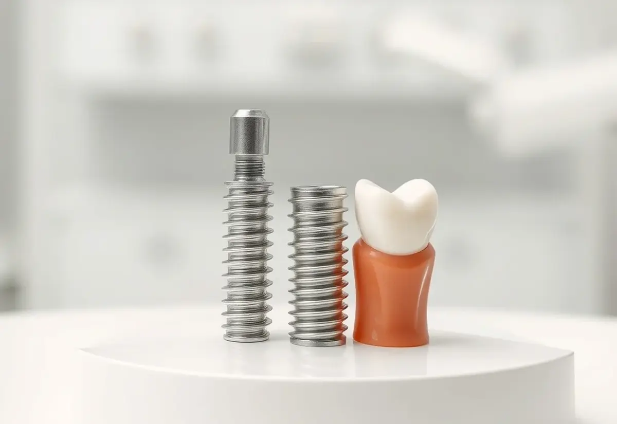 Dental implant model showing the titanium post, abutment and ceramic crown