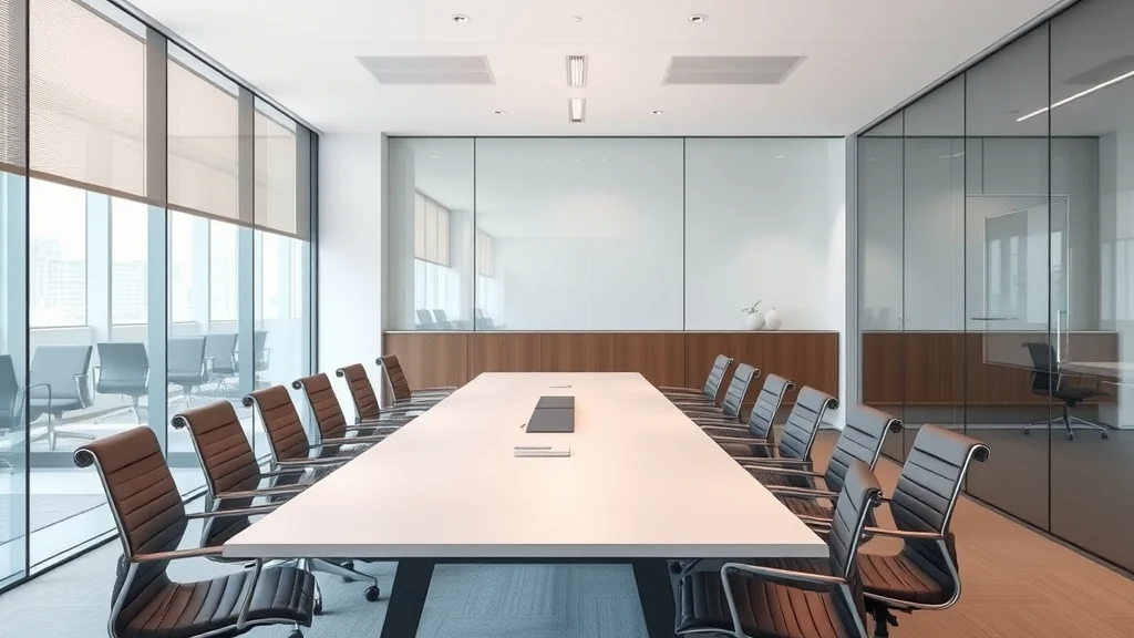 A modern empty office meeting room with a long table
