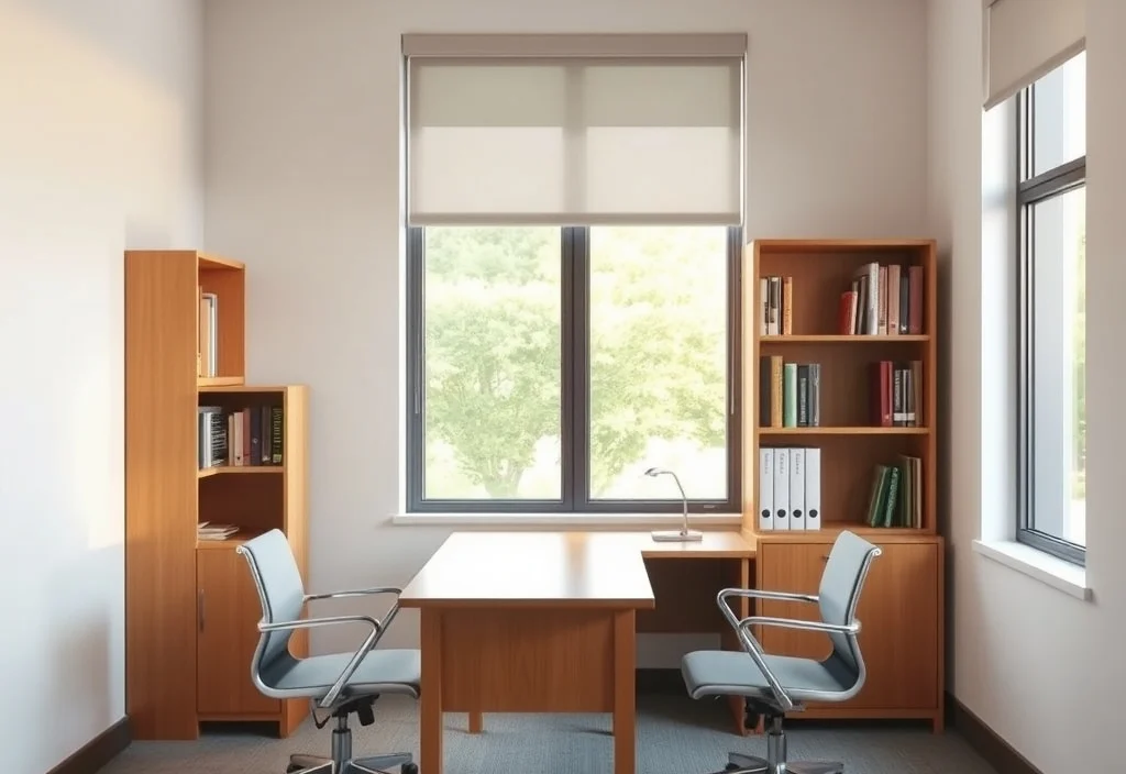 A calm university staff office with a desk and chairs