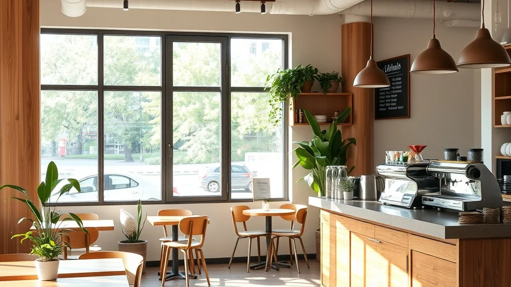A warm modern cafe interior with timber tables