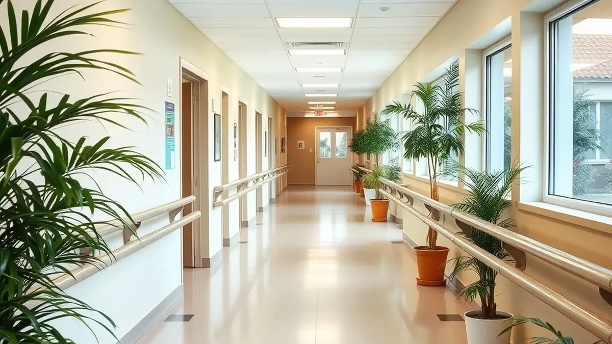 A clean bright corridor in a modern care facility with handrails