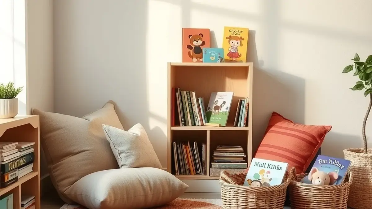 A cosy childcare reading corner with cushions and picture books