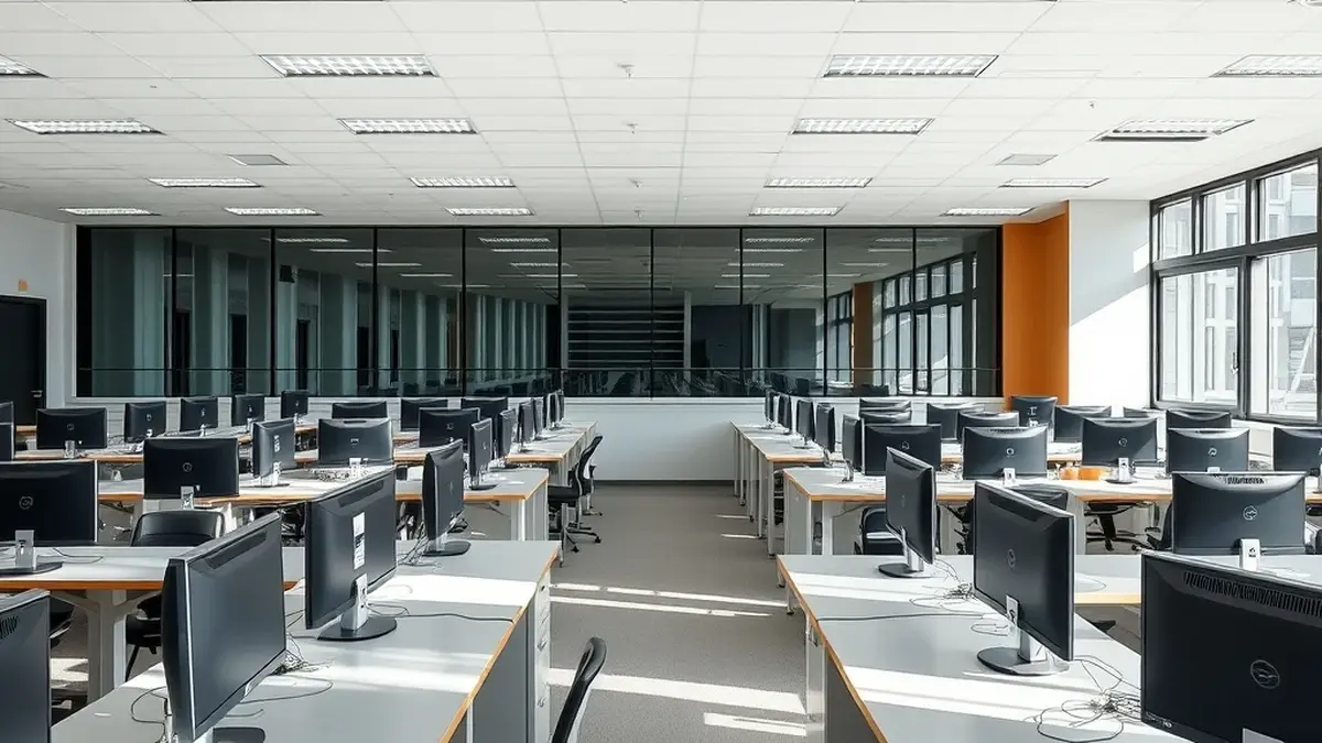 A modern university computer lab with rows of desks