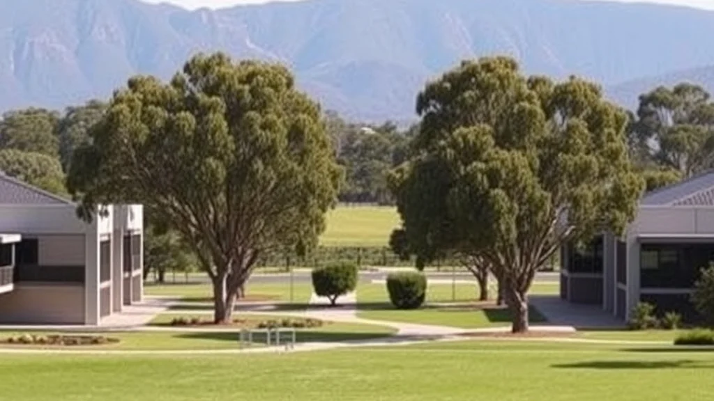 A calm regional Australian university campus with lawns and gum trees