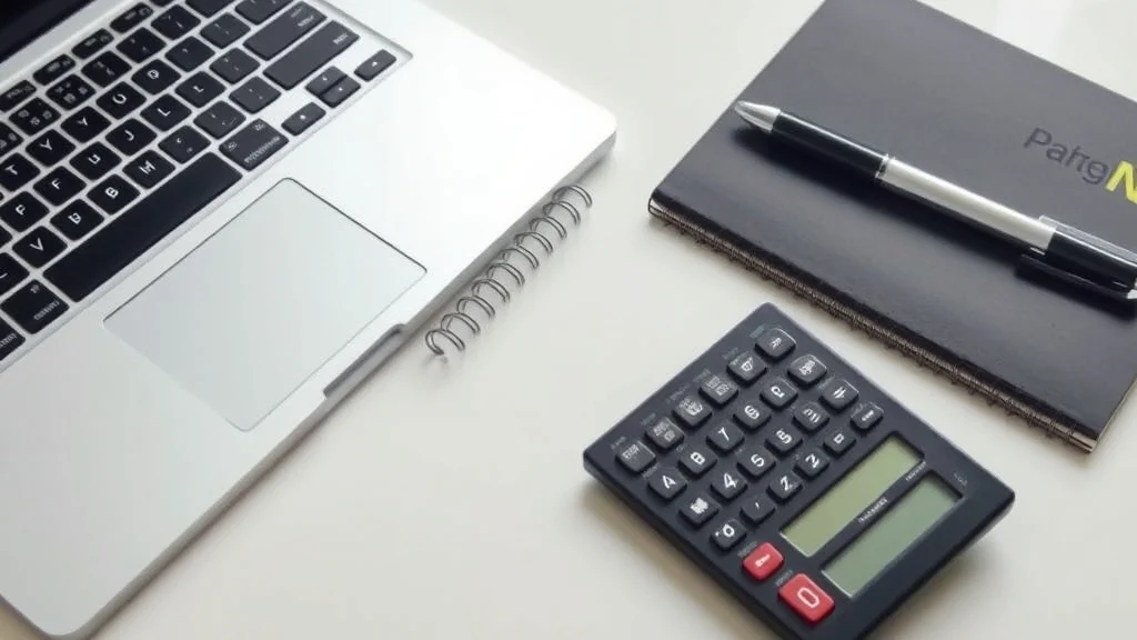 A calculator, notebook and pen beside a laptop