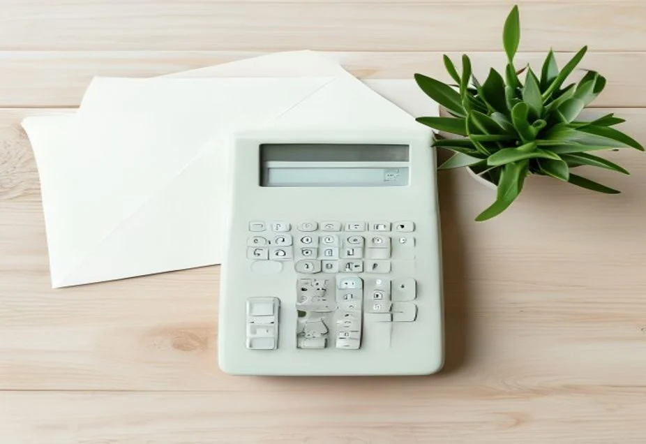 Working out a registration bill Calculator, envelope and a small plant on a wooden desk