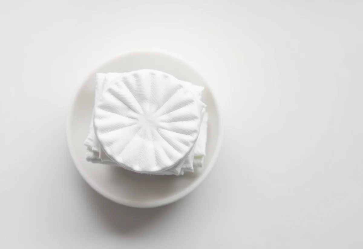 A calm, considered decision deserves a calm consultation Folded cotton rounds beside a plain ceramic dish on a clean clinical surface, representing a considered chin filler consultation