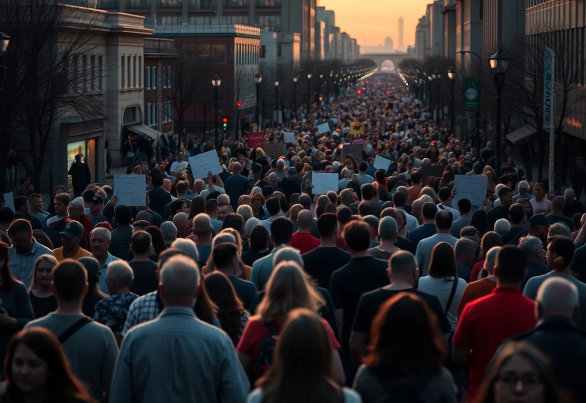 A large crowd walking together through an Australian city on 26 January, seen from a distance at dusk