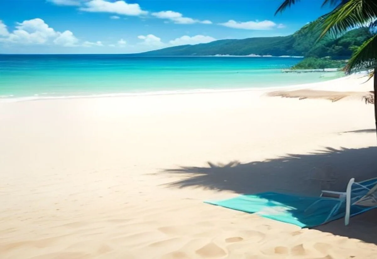 A sunny Australian beach with a beach umbrella and towel on Australia Day