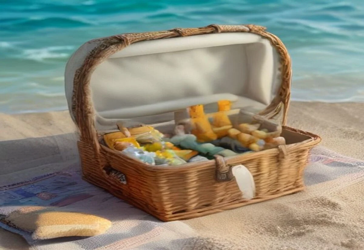 A sunset picnic on an Australian beach in summer A picnic blanket with a basket and wine glasses set up on the sand at an Australian beach at sunset